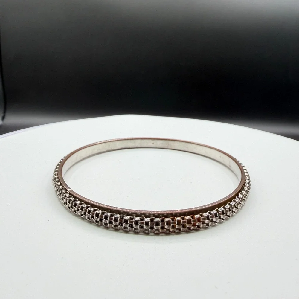Silver Tone Woven Chain Bangle Bracelet Textured Mesh Stackable Minimalist Gift